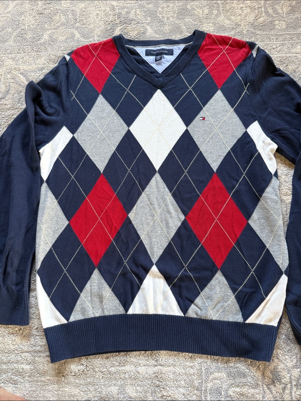 Tommy Hilfiger Navy, Red & Gray Argyle V-Neck Sweater